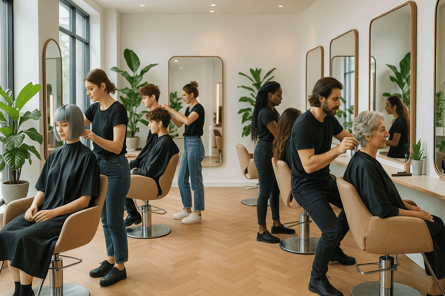 Espace de coiffure contemporain avec mobilier tendance et agencement adapté aux nouveautés prévues pour 2025.