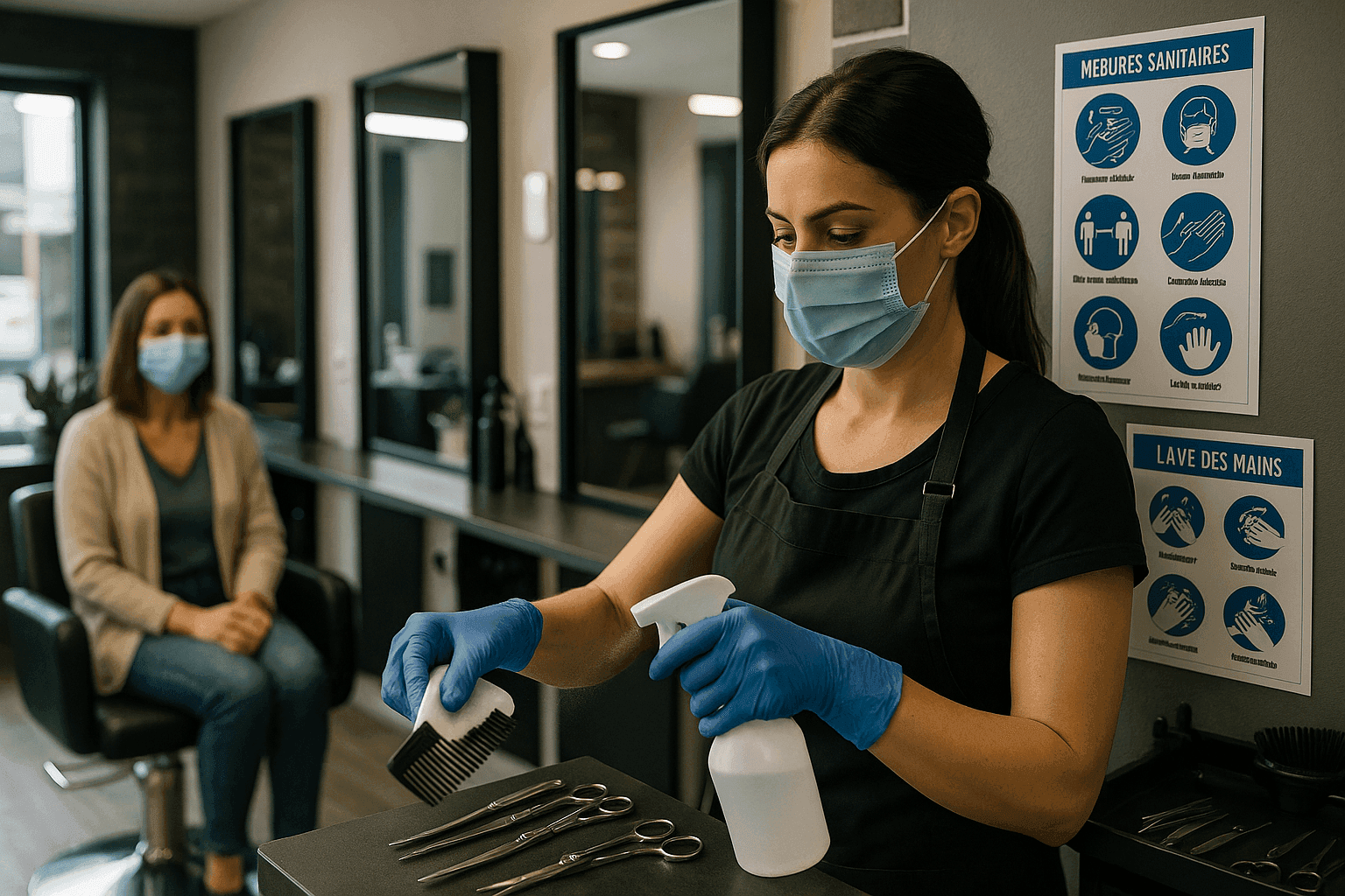Mesures sanitaires appliquées en salon de coiffure pour assurer la protection des clients et du personnel.