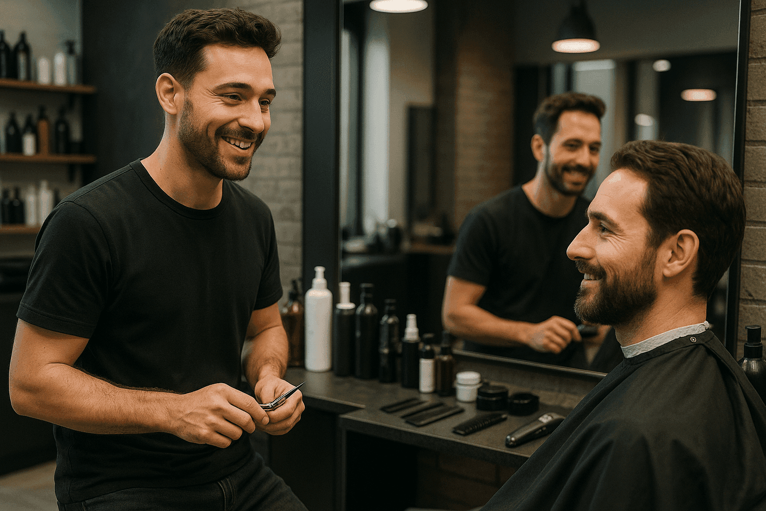 Scènes de conversation entre un coiffeur et un client visant à optimiser la prise de rendez-vous.