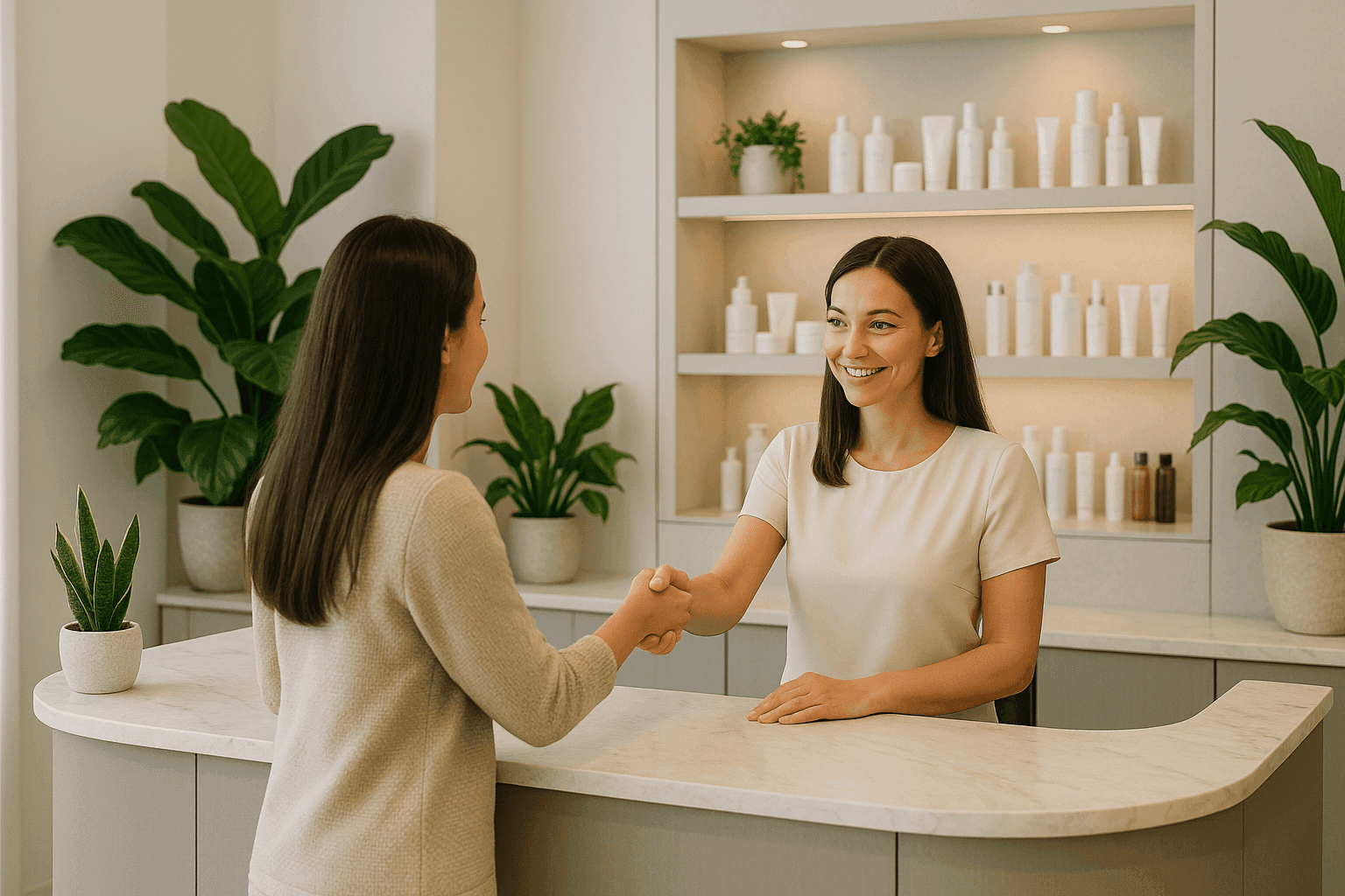 Comptoir d’accueil moderne dans un institut de beauté avec personnel prêt à recevoir des clients.