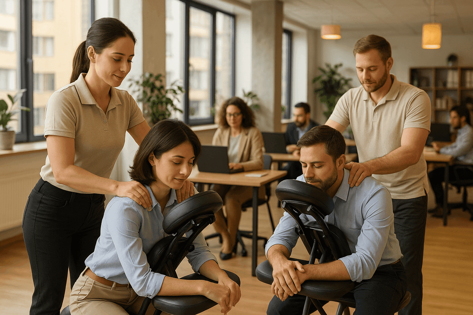 Un professionnel propose des massages à des employés dans un environnement de bureau pour élargir son offre de services.