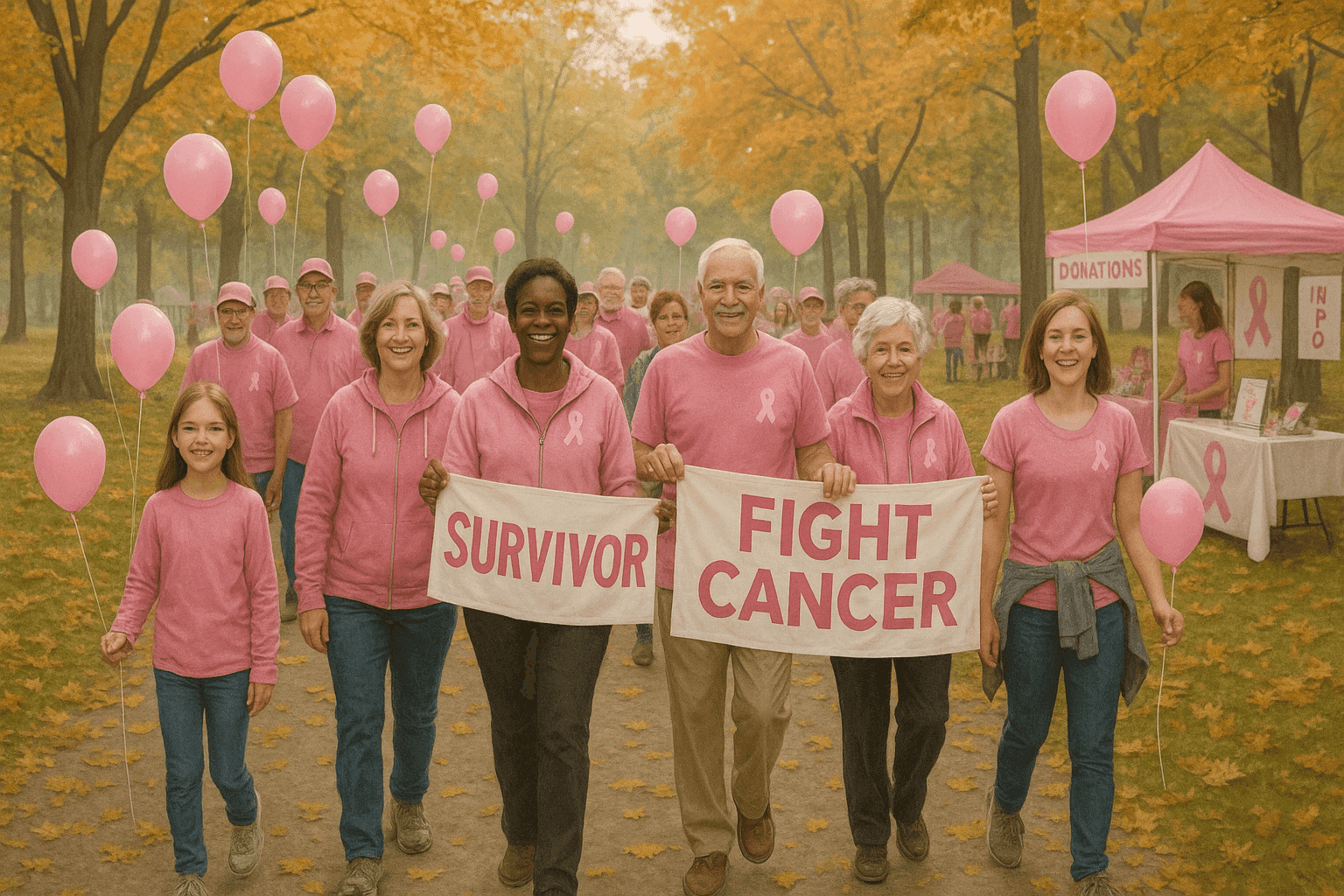 Personnes participant à des activités collectives pour sensibiliser et soutenir la lutte contre le cancer du sein.